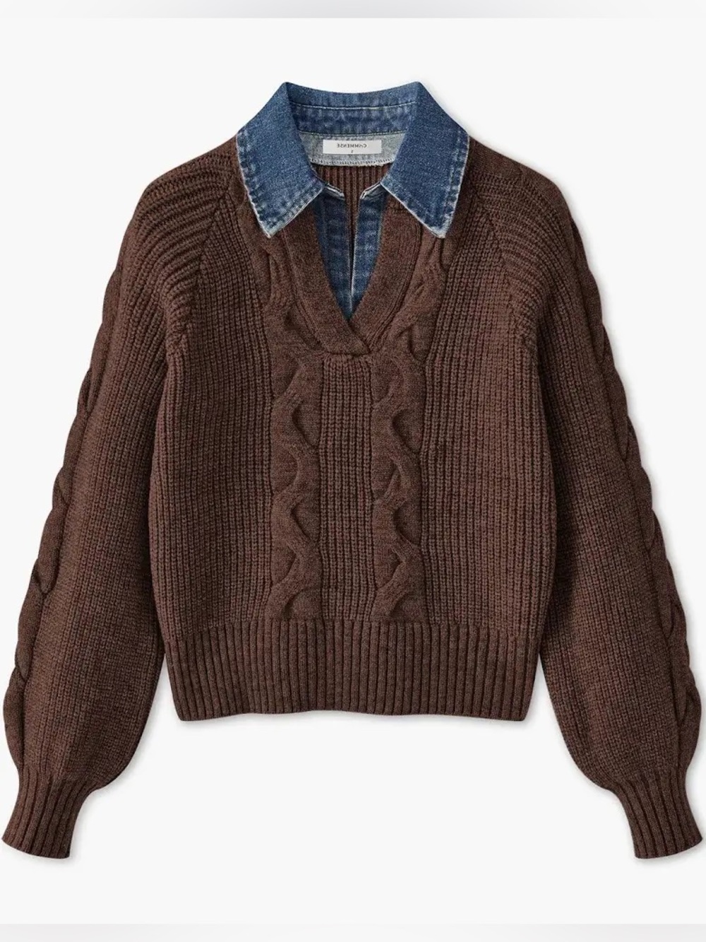 COMMENSE Cable-Knit V-Neck Sweater with Denim Collar - Brown